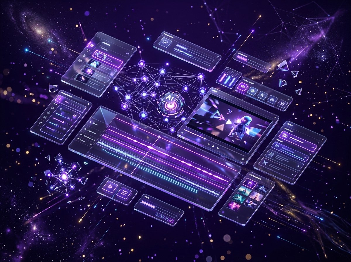 Neural Pulse AI isometric interface mockups in purple space