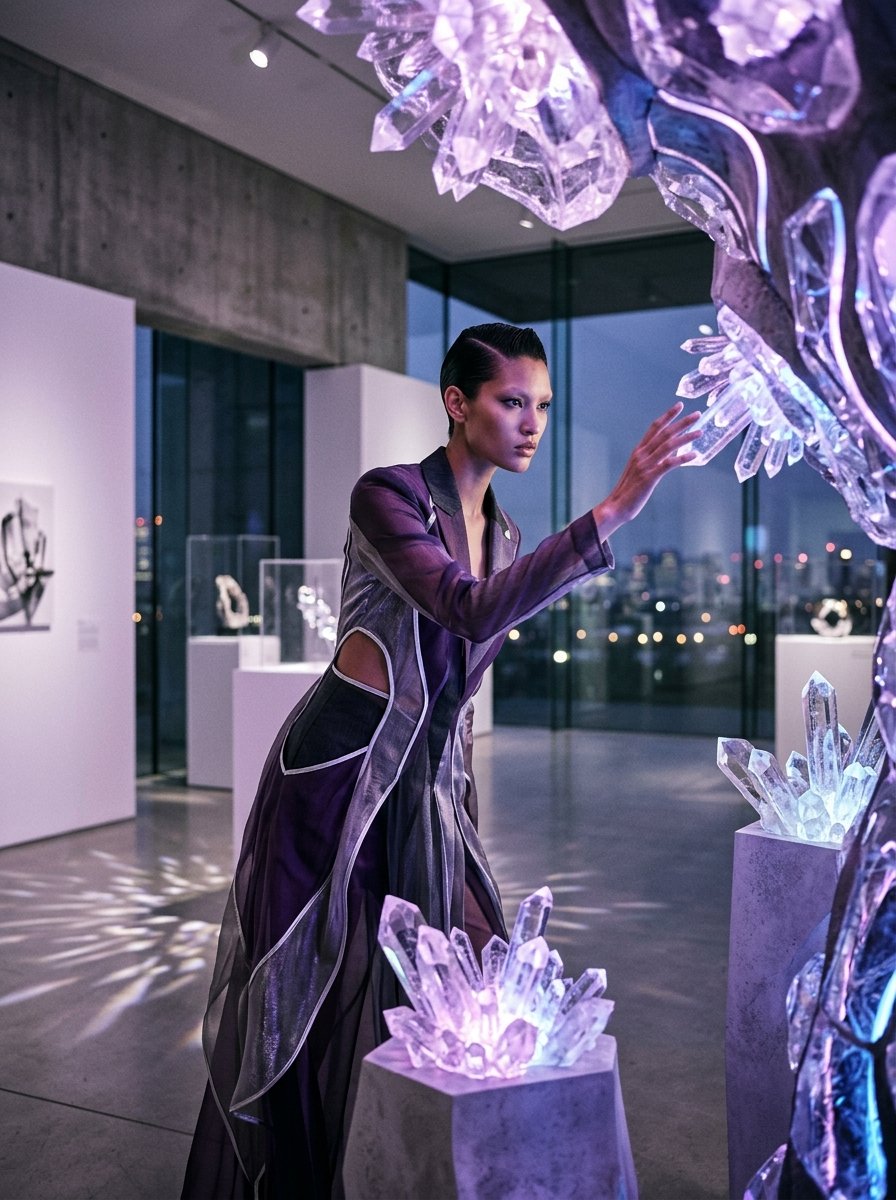 Haute couture editorial muse interacting with illuminated violet crystal sculpture in a modern art-directed studio