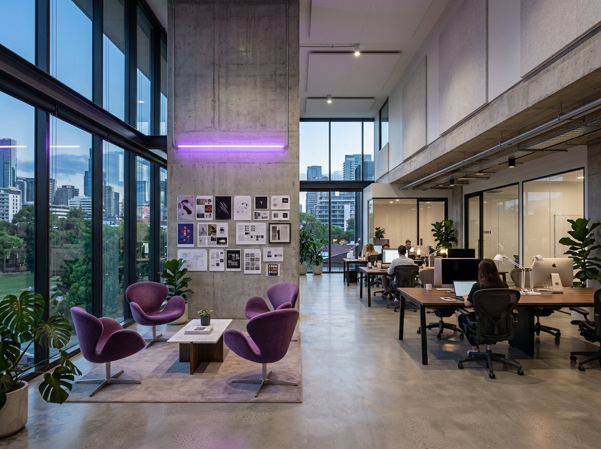 TheSocialNext creative studio workspace with architectural lighting
